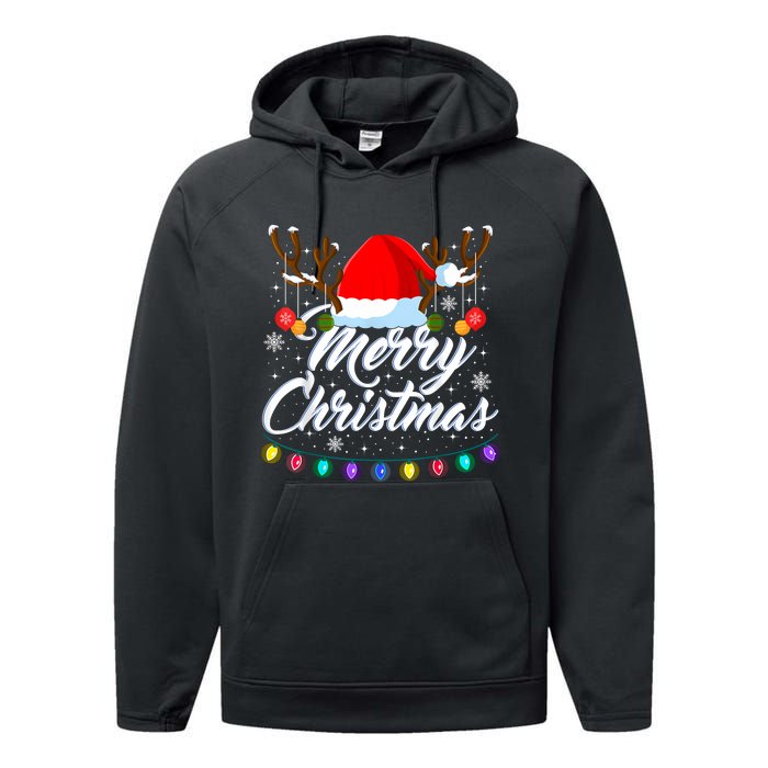 Merry Christmas Red Santa Hat Reindeer Xmas Matching Family Performance Fleece Hoodie