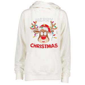 Merry Christmas Reindeer Lights Red Santa Hat Xmas Family Womens Funnel Neck Pullover Hood