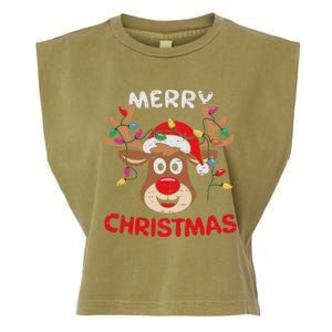 Merry Christmas Reindeer Lights Red Santa Hat Xmas Family Garment-Dyed Women's Muscle Tee