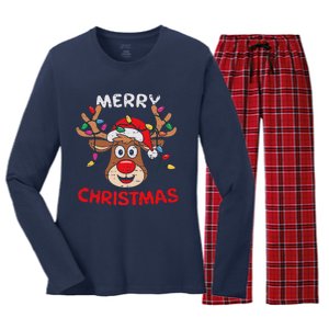 Merry Christmas Reindeer Lights Red Santa Hat Xmas Family Women's Long Sleeve Flannel Pajama Set 