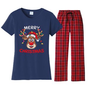 Merry Christmas Reindeer Lights Red Santa Hat Xmas Family Women's Flannel Pajama Set