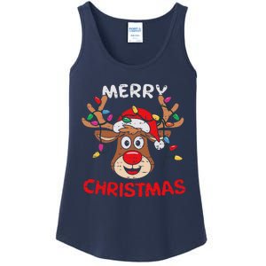 Merry Christmas Reindeer Lights Red Santa Hat Xmas Family Ladies Essential Tank