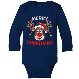 Merry Christmas Reindeer Lights Red Santa Hat Xmas Family Baby Long Sleeve Bodysuit