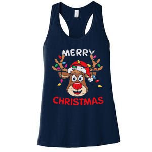 Merry Christmas Reindeer Lights Red Santa Hat Xmas Family Women's Racerback Tank