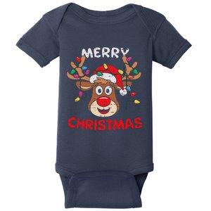 Merry Christmas Reindeer Lights Red Santa Hat Xmas Family Baby Bodysuit