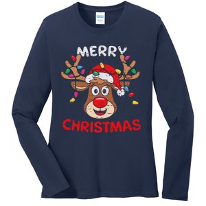 Merry Christmas Reindeer Lights Red Santa Hat Xmas Family Ladies Long Sleeve Shirt