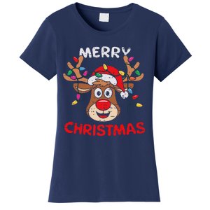 Merry Christmas Reindeer Lights Red Santa Hat Xmas Family Women's T-Shirt