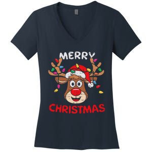 Merry Christmas Reindeer Lights Red Santa Hat Xmas Family Women's V-Neck T-Shirt