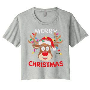 Merry Christmas Reindeer Lights Red Santa Hat Xmas Family Women's Crop Top Tee