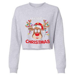 Merry Christmas Reindeer Lights Red Santa Hat Xmas Family Cropped Pullover Crew