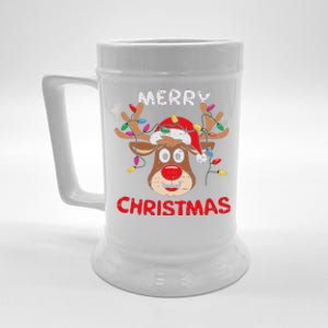 Merry Christmas Reindeer Lights Red Santa Hat Xmas Family Beer Stein