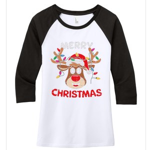 Merry Christmas Reindeer Lights Red Santa Hat Xmas Family Women's Tri-Blend 3/4-Sleeve Raglan Shirt