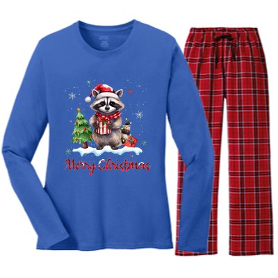 Merry Christmas Raccoon Christmas Xmas Gift For Animal Lover  Women's Long Sleeve Flannel Pajama Set 