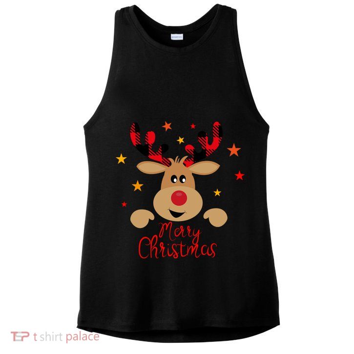Merry Christmas Reindeer Holiday Cute Ladies PosiCharge Tri-Blend Wicking Tank