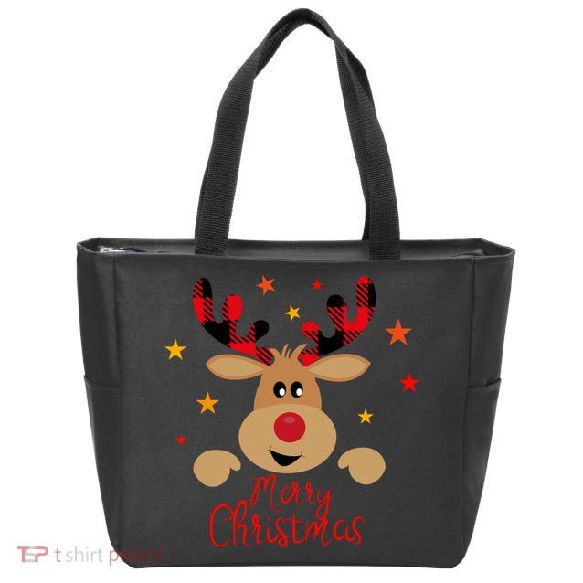 Merry Christmas Reindeer Holiday Cute Zip Tote Bag