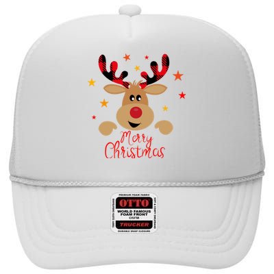 Merry Christmas Reindeer Holiday Cute High Crown Mesh Back Trucker Hat