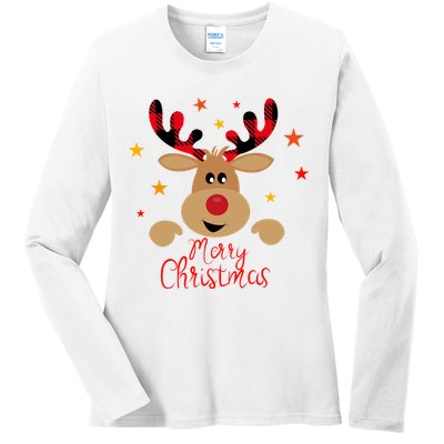 Merry Christmas Reindeer Holiday Cute Ladies Long Sleeve Shirt
