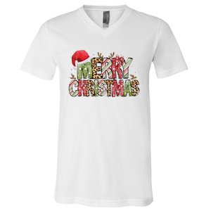 Merry Christmas Red Santa Hat Reindeer Xmas Family V-Neck T-Shirt