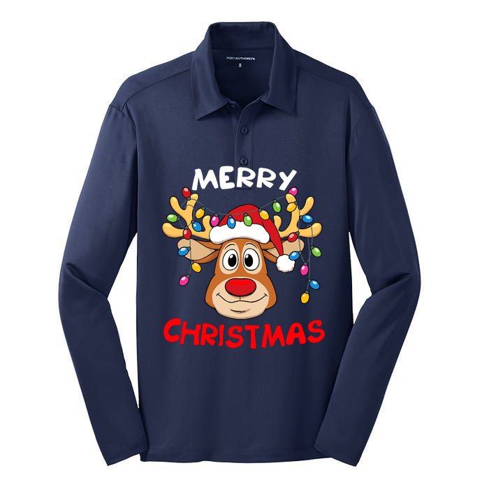 Merry Christmas Reindeer Xmas Family Silk Touch Performance Long Sleeve Polo