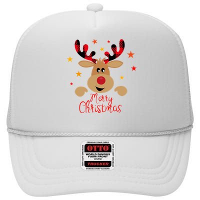 Merry Christmas Reindeer Cute Holiday High Crown Mesh Back Trucker Hat