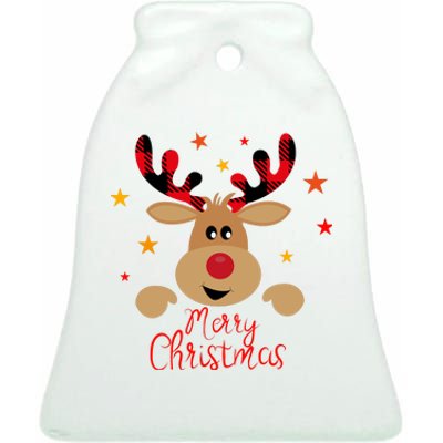 Merry Christmas Reindeer Cute Holiday Ceramic Bell Ornament