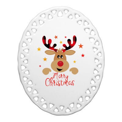 Merry Christmas Reindeer Cute Holiday Ceramic Oval Ornament