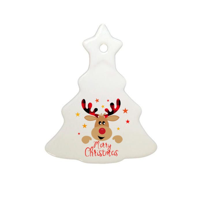 Merry Christmas Reindeer Cute Holiday Ceramic Tree Ornament