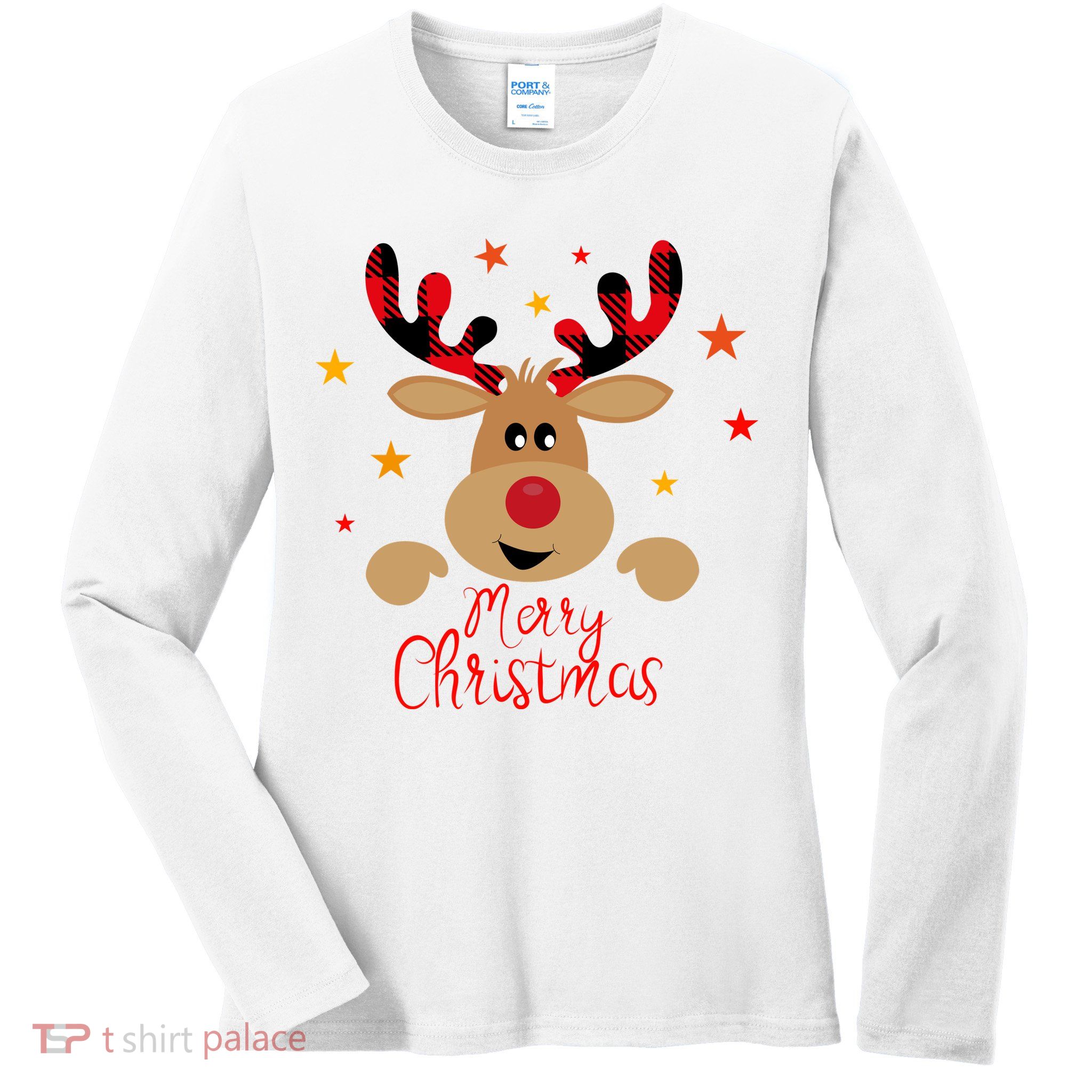 Merry Christmas Reindeer Cute Holiday Ladies Long Sleeve Shirt