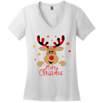 Merry Christmas Reindeer Cute Holiday Women's V-Neck T-Shirt