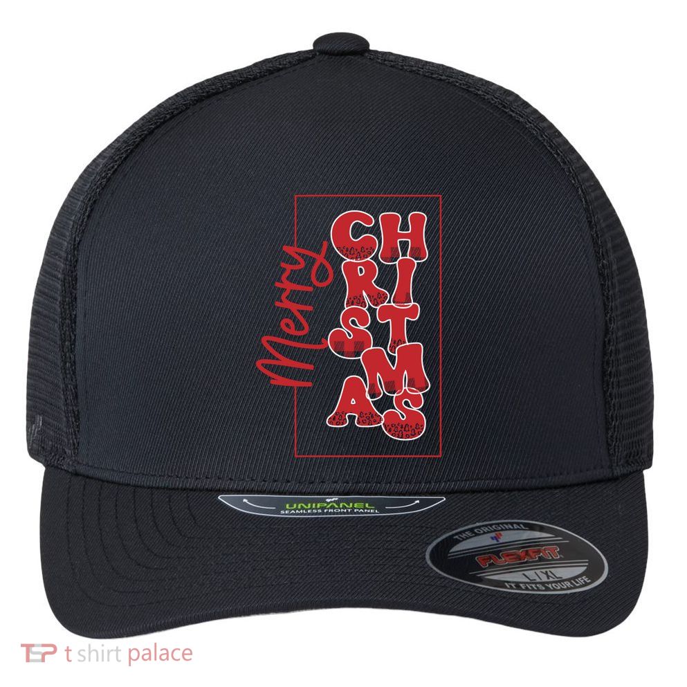 Merry Christmas Red Cheetah Print Tree With Plaid Holiday Gift Flexfit Unipanel Trucker Cap