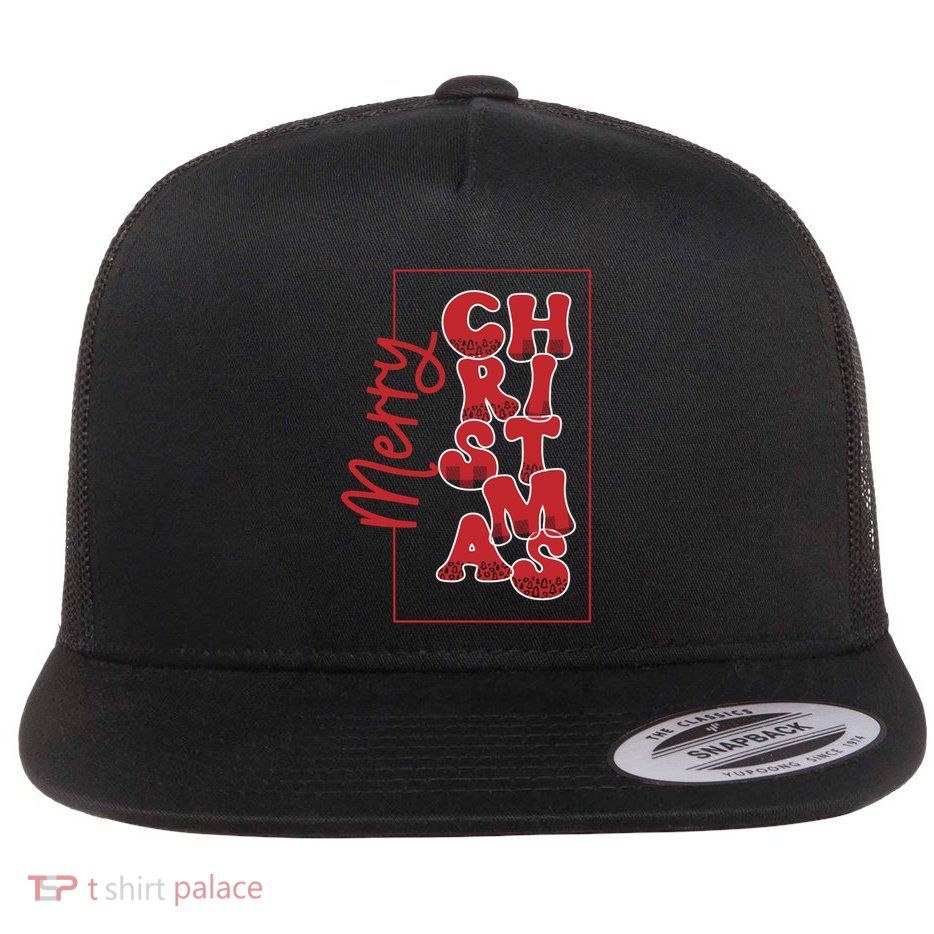 Merry Christmas Red Cheetah Print Tree With Plaid Holiday Gift Flatbill Hat