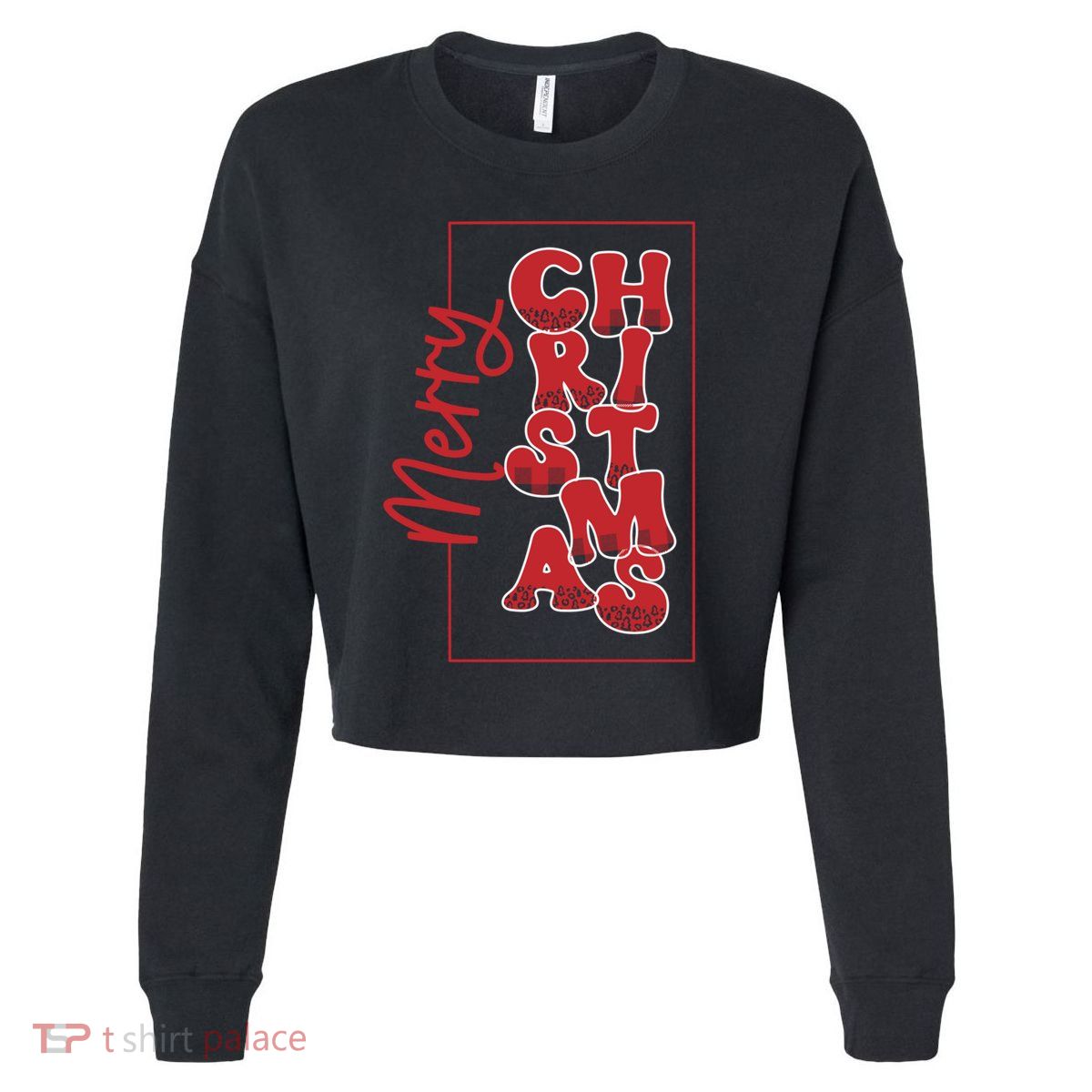 Merry Christmas Red Cheetah Print Tree With Plaid Holiday Gift Cropped Pullover Crew