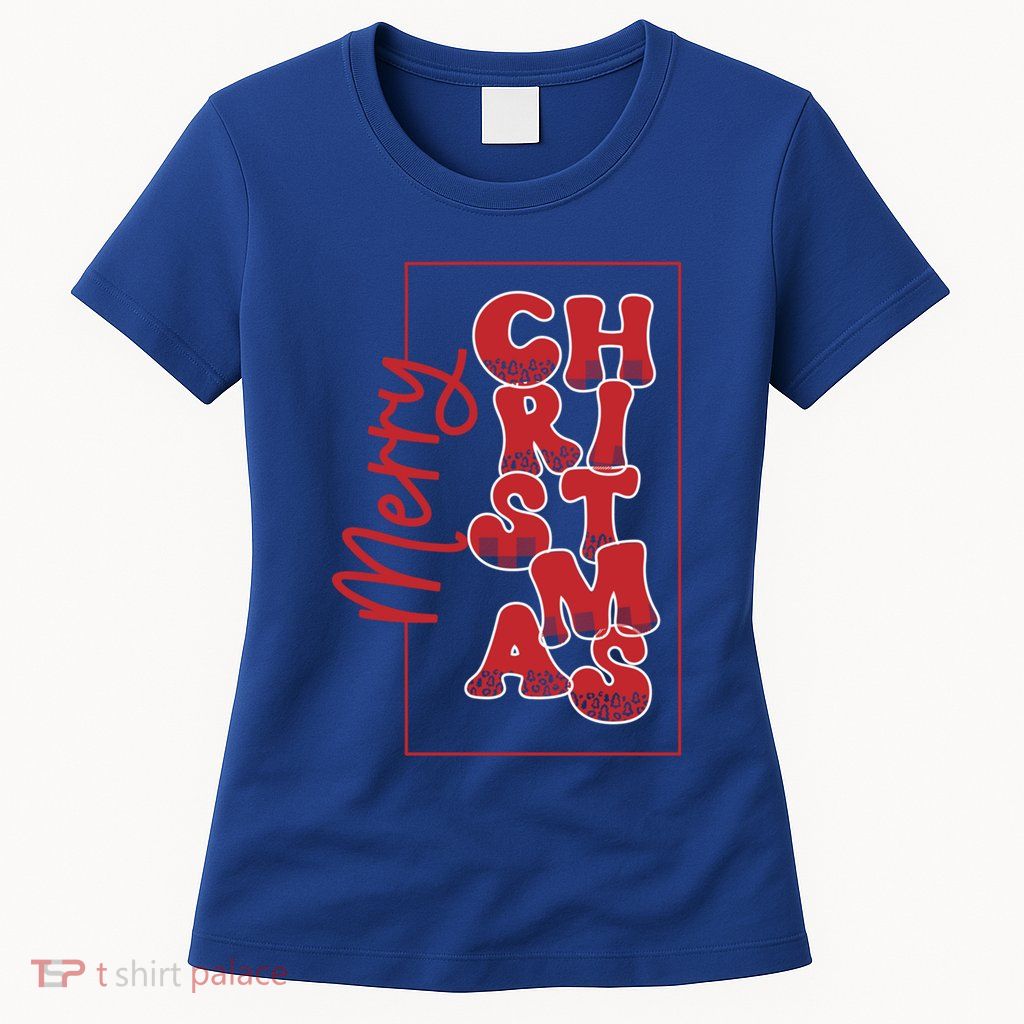 Merry Christmas Red Cheetah Print Tree With Plaid Holiday Gift Womens T-Shirt