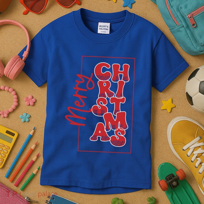Merry Christmas Red Cheetah Print Tree With Plaid Holiday Gift Kids T-Shirt