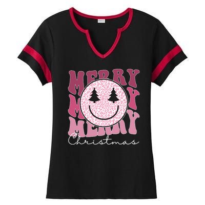 Merry Christmas Retro Leopard Smile Ladies Halftime Notch Neck Tee