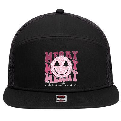 Merry Christmas Retro Leopard Smile 7 Panel Mesh Trucker Snapback Hat