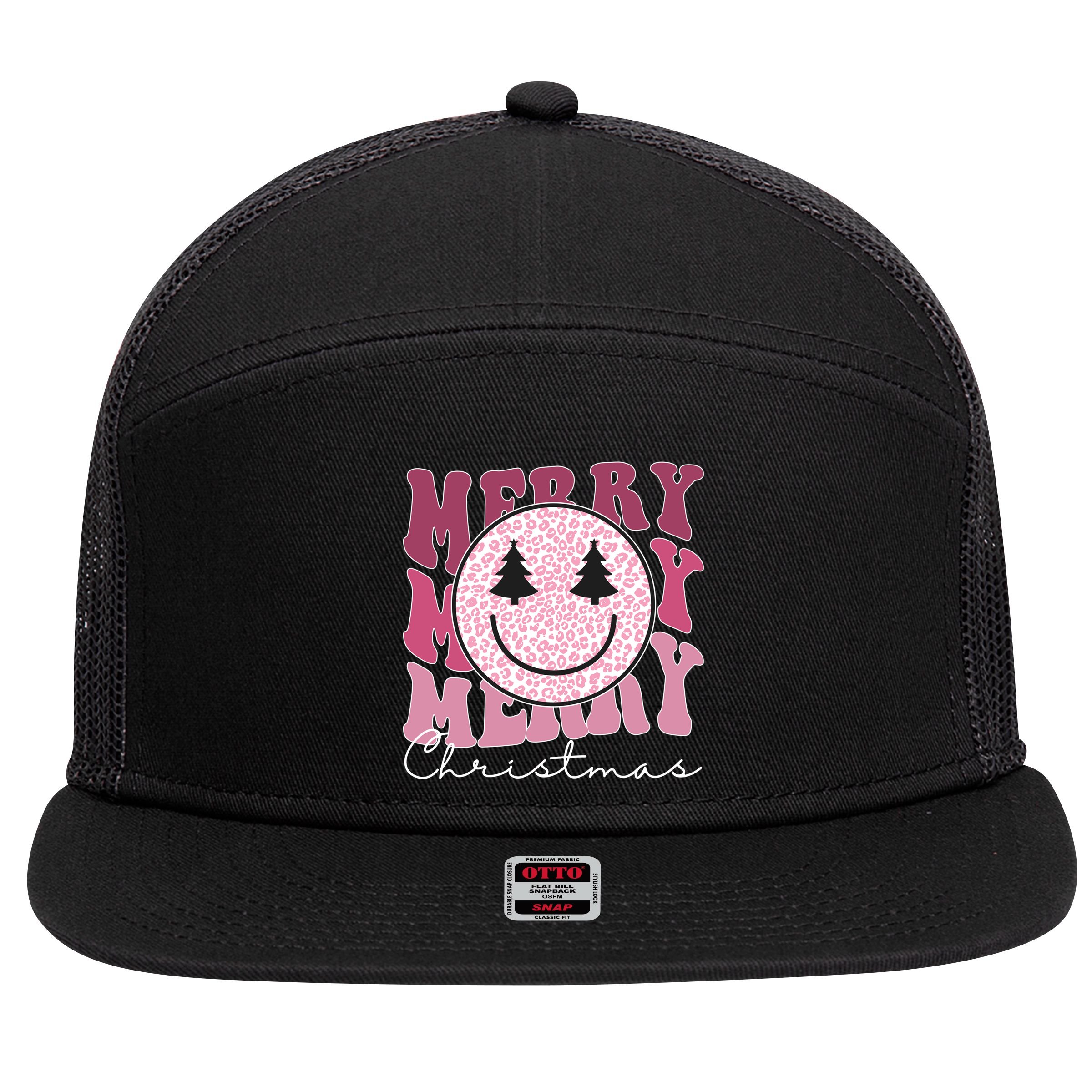 Merry Christmas Retro Leopard Smile 7 Panel Mesh Trucker Snapback Hat