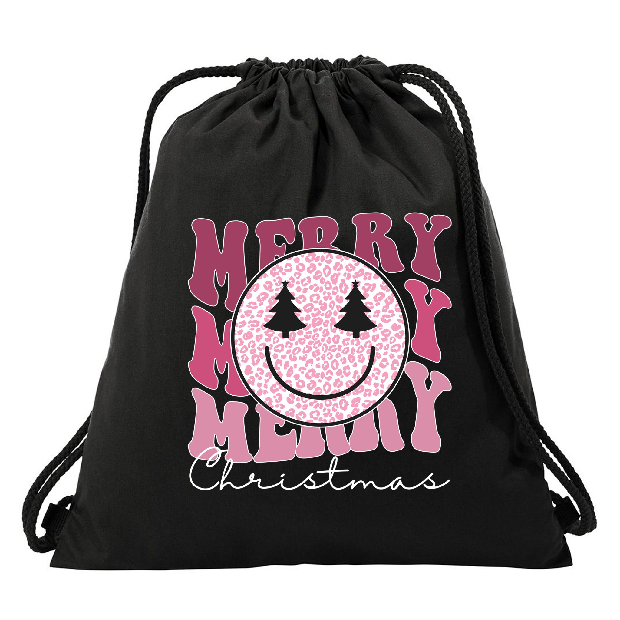 Merry Christmas Retro Leopard Smile Drawstring Bag