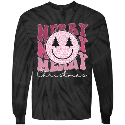 Merry Christmas Retro Leopard Smile Tie-Dye Long Sleeve Shirt