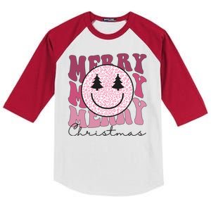 Merry Christmas Retro Leopard Smile Kids Colorblock Raglan Jersey