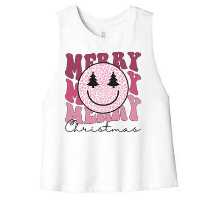 Merry Christmas Retro Leopard Smile Women's Racerback Cropped Tank