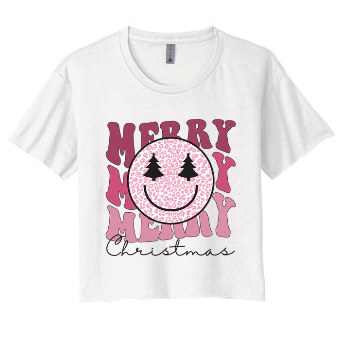 Merry Christmas Retro Leopard Smile Women's Crop Top Tee