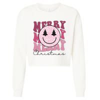 Merry Christmas Retro Leopard Smile Cropped Pullover Crew