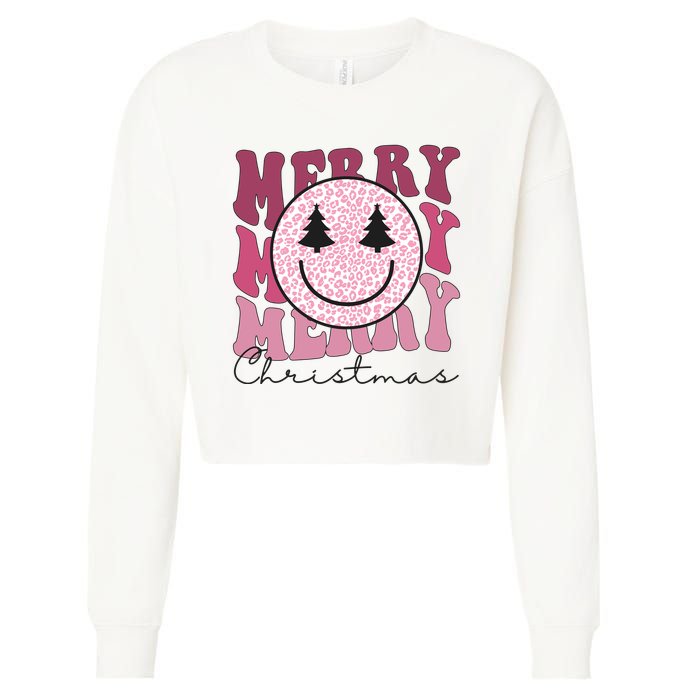 Merry Christmas Retro Leopard Smile Cropped Pullover Crew