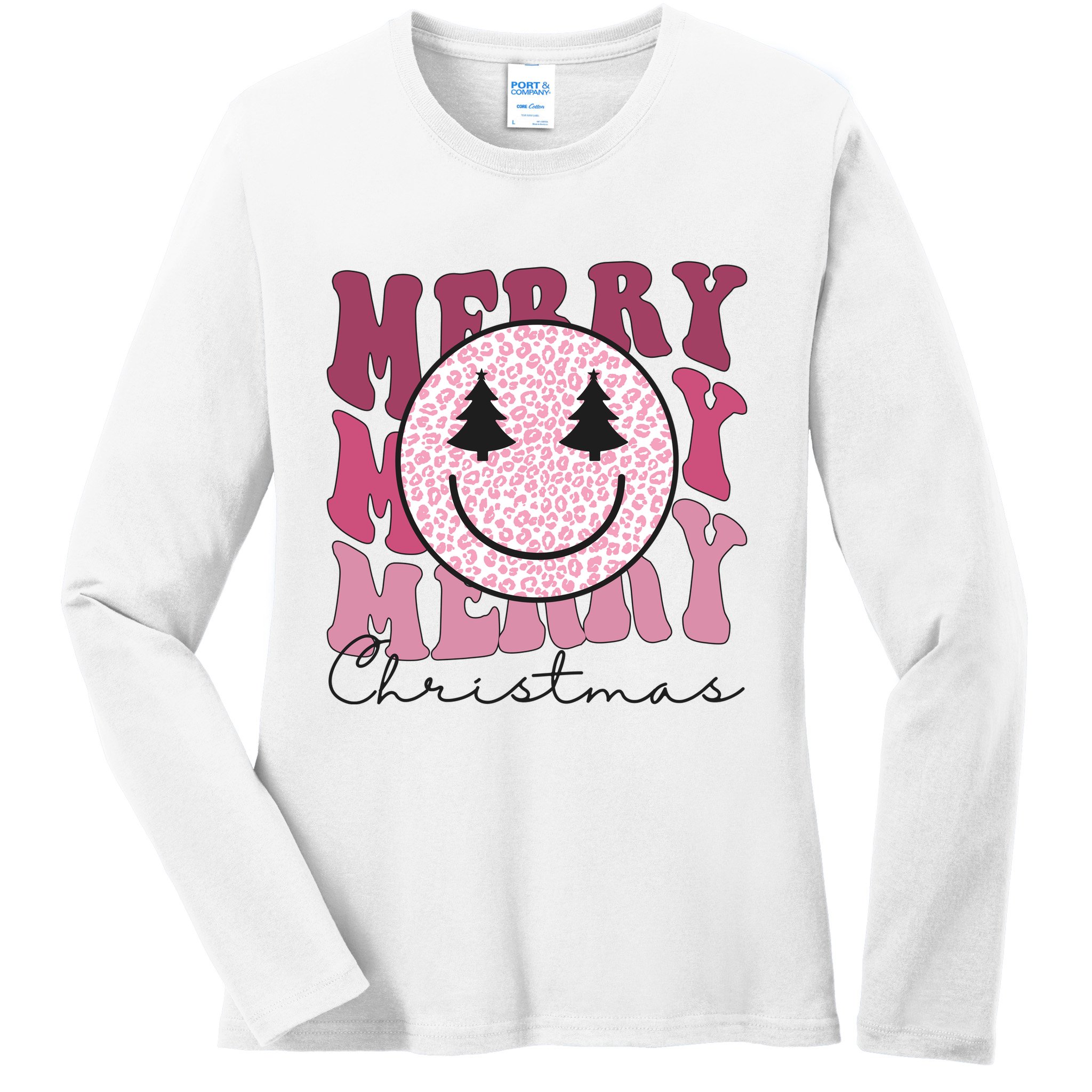 Merry Christmas Retro Leopard Smile Ladies Long Sleeve Shirt
