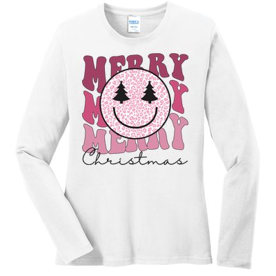 Merry Christmas Retro Leopard Smile Ladies Long Sleeve Shirt