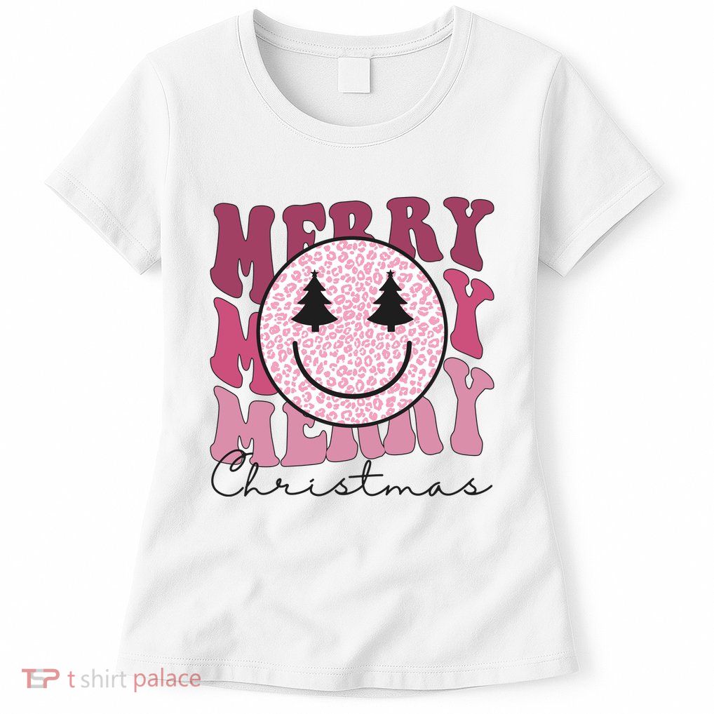 Merry Christmas Retro Leopard Smile Womens T-Shirt