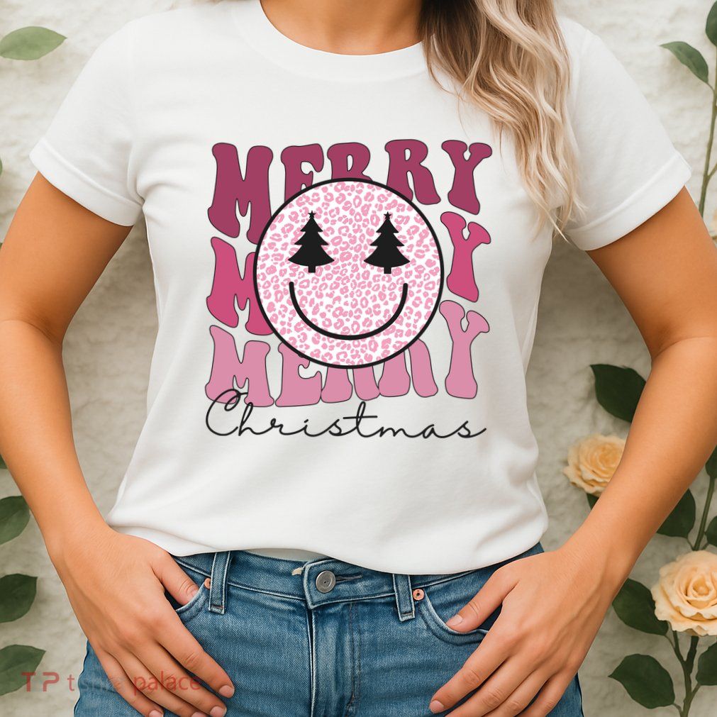 Merry Christmas Retro Leopard Smile Womens T-Shirt