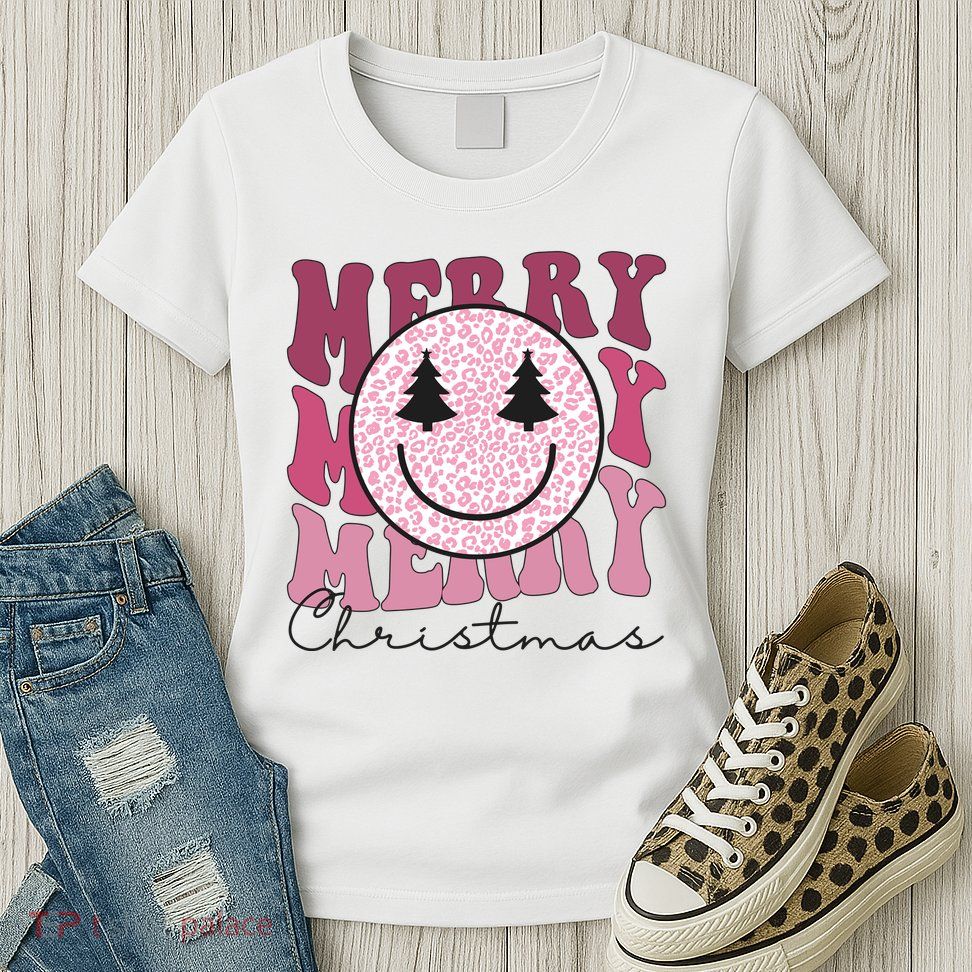 Merry Christmas Retro Leopard Smile Womens T-Shirt