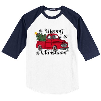 Merry Christmas Red Truck Vintage Holiday Truck With Tree Baseball Sleeve Shirt